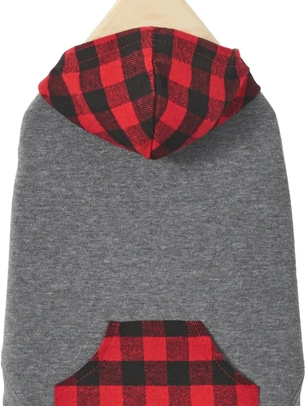 Gray Dog Hoodie with Red Buffalo Plaid Accents